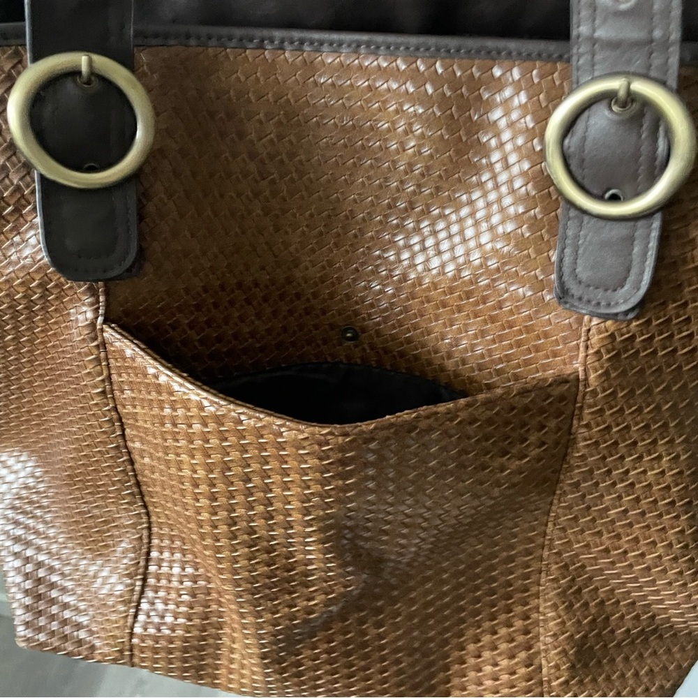 Bueno Large Woven Braided Boho Tote Bag XL Purse Brown Cognac Vegan Faux Leather - Picture 3 of 11